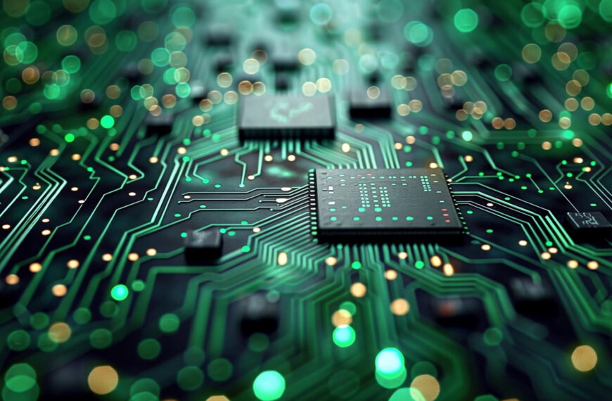 This detailed view highlights a circuit board filled with intricate pathways and chips SBI